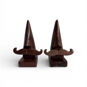 Handcrafted Wooden Mustache Eyeglass Holder Set 2 Rustic Wood Gnome Stands